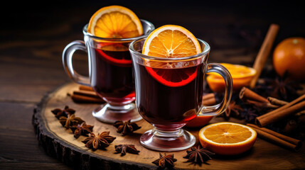 Fototapeta premium A cup of mulled wine with oranges and cinnamon.