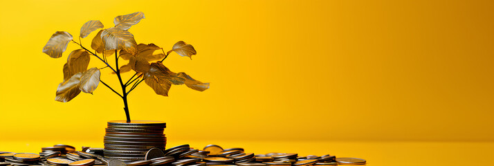 golden tree with coins on a yellow background, financial concept, advertising banner, web banner, Place for your text, copy space, empty space, Generative AI