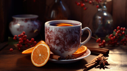 Obraz na płótnie Canvas A cup of mulled wine with oranges and cinnamon.