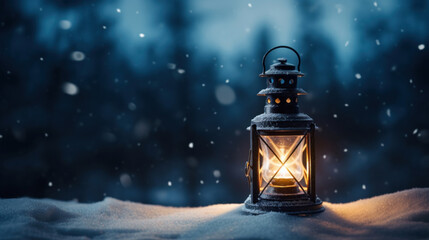 Lantern sitting on a snow - obrazy, fototapety, plakaty