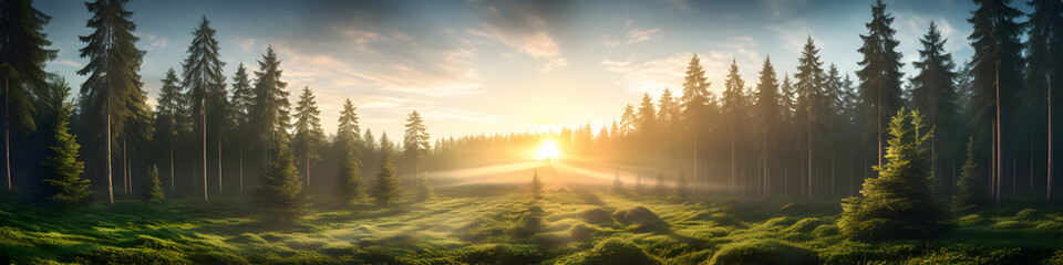 sunlight behind spruce forest background