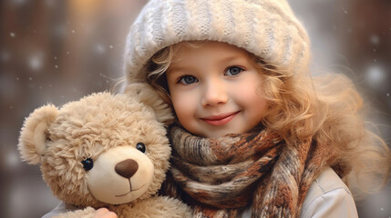 girl with toy bear with knitted hat and scarf