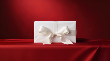 White gift box with white ribbon on red silk background