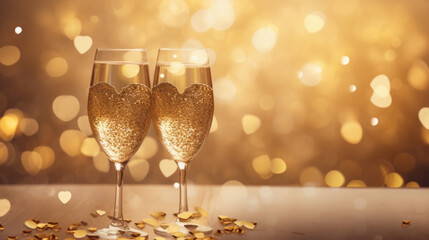 Two glasses of champagne with golden hearts