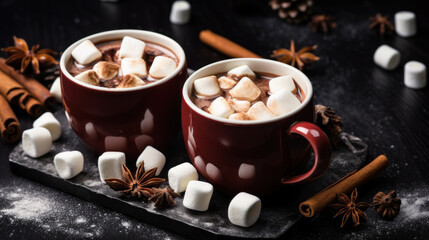 Two cups of hot chocolate with marshmallows - obrazy, fototapety, plakaty