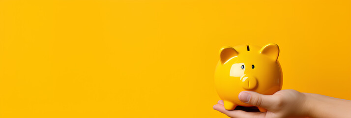 hand-holding piggy bank on yellow background, advertising banner, web banner, Place for your text, copy space, empty space, Generative AI
