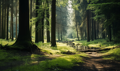 Obraz premium a detailed photo showing photo beautiful shot of a forest with tall green trees