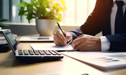 Accountant working on desk using calculator to calculate financial report in office business accounting finance concept