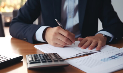 Obraz premium Accountant working on desk using calculator to calculate financial report in office business accounting finance concept