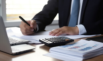 Accountant working on desk using calculator to calculate financial report in office business accounting finance concept