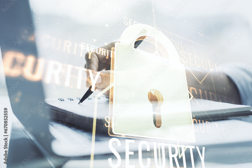Aufkleber creative lock sketch with chip hologram and hand writing in notepad on background with laptop, prote