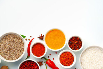 Beautiful composition with various spices on white background