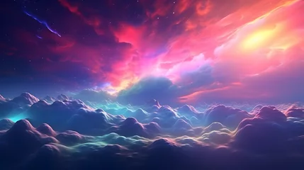 Poster 3d render, abstract fantasy background of colorful sky with neon clouds. Generative AI. © tfk