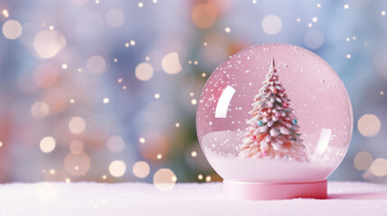 Fototapeta na wymiar Snow Ball With Christmas Tree on pink background