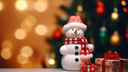 Cute snowman doll with xmas tree and gift box on Christmas blurred background