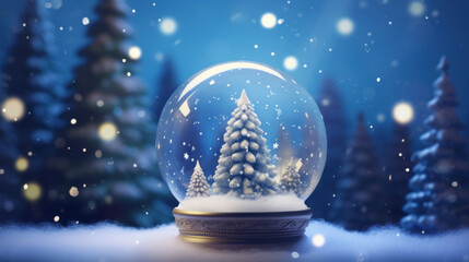 Fototapeta na wymiar Snow Ball With Christmas Tree on blue background