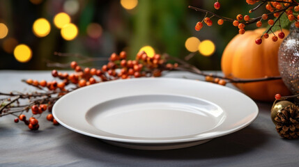 Empty place setting with a plate and silverware on a plain background with pumpkins and an autumn theme