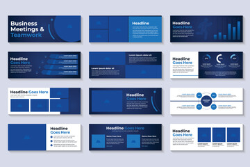Business presentation, powerpoint, new technologies. Information infographic design template, blue elements, blue background, set. Team of people creates a technology, teamwork. Work. Mobile app - obrazy, fototapety, plakaty