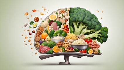 an illustration of a brain composed of various types of food, including fruits, vegetables, nuts, and meat, all set against a light green background