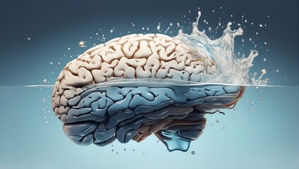 a brain half submerged in water, with the top half appearing dry and the bottom half wet, illustrating the concept of a brain immersed in knowledge or information.