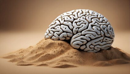 a brain, half-buried in sand, set against a beige background, visual metaphor represent concepts buried thoughts, subconscious ideas,  erosion of memory
