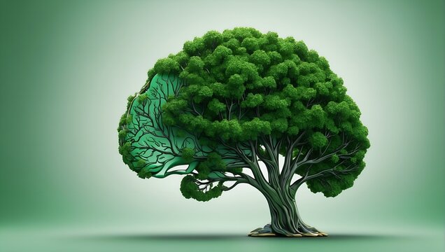 a tree with a human brain incorporated into the left side of the tree’s canopy, set against a green background, interconnectedness of nature and human cognition.