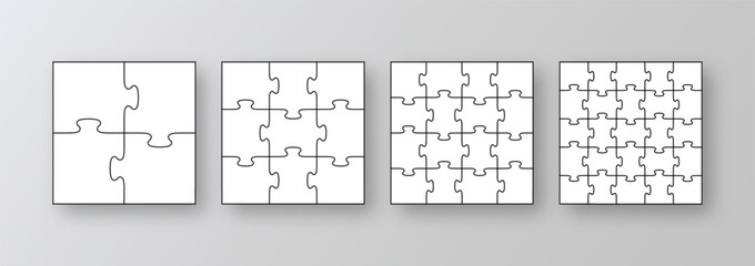 Puzzle grid collection. Set of different sizes jigsaw outline templates. Simple mosaic layout with separate shapes. Modern background. Puzzle laser cut frames. Vector illustration. - obrazy, fototapety, plakaty