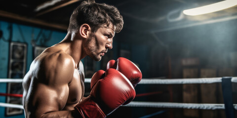 A Man in boxing gloves on a ring. Concept of sport training. Ai generative illustration