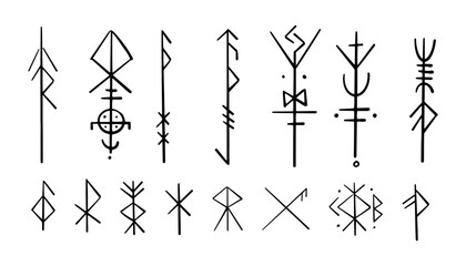 Nordic celtic runes, set norse protection symbols in doodle style, amulet, witchcraft signs on white background. - obrazy, fototapety, plakaty