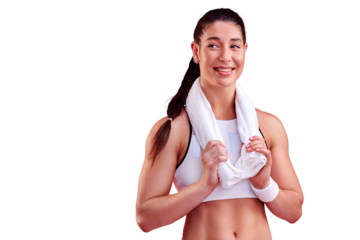 Woman, ready and towel for workout, fitness and exercise on isolated, transparent and png background. Finish and sweating athlete thinking in gym sports for body health, wellness or muscle training
