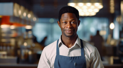 Fototapeta premium Portrait of a young barista man. Selling smile and coffee. Ai generative