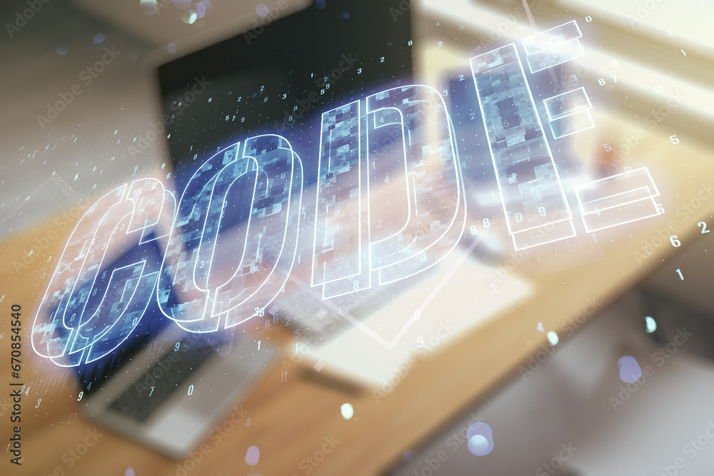 Fototapete creative code word hologram and modern desktop with laptop on background, artificial intelligence an