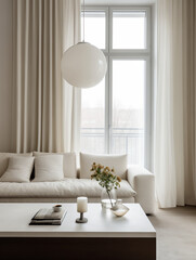 Sleek and Chic Modern Living Room in a Fashionable All-White Flat - Featuring Stylish White Furniture and Expansive Windows for a Simple and Elegant Interior Design