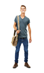 Naklejka premium Portrait, fashion and man with bag or smile in png or isolated and transparent background. Student, guy and confident with style or happiness for travel with hipster in cool clothes with full body.