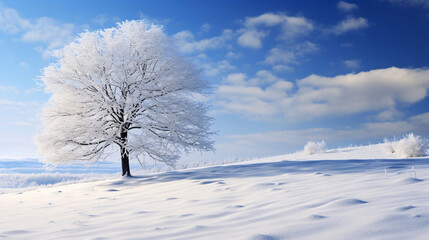  冬の風景、空と雪の積もる木、自然の景色