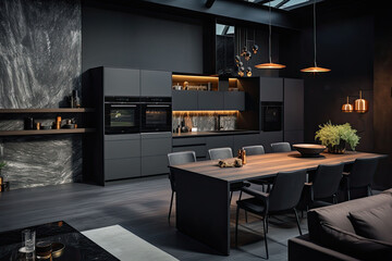 Luxury kitchen interior design with black walls, concrete floor, dark wooden countertops, black cupboards and dining table with black chairs