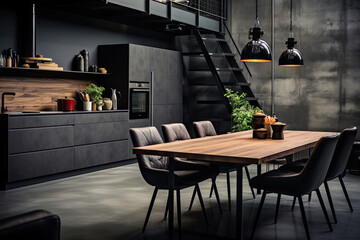 Luxury kitchen interior design with black walls, concrete floor, dark wooden countertops, black cupboards and dining table with black chairs