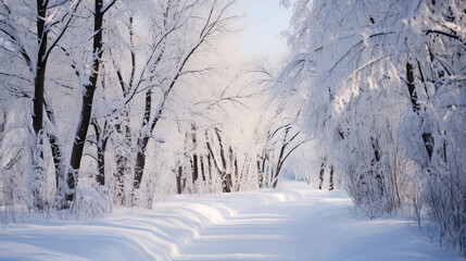 Fototapeta na wymiar 冬の風景、雪が積もる道、自然の景色