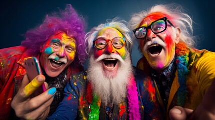 Fototapeta na wymiar group of funny colourful elderly men make selfie