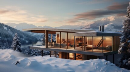 Winter mountains and forest at a ski resort and in a luxury eco hotel, chalet during vacation and...