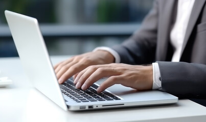 Close up portrait typing keyboard on laptop computer. Working online on white table at office