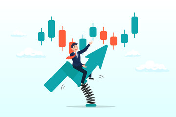 Businessman investor or trader riding volatile rising up arrow rodeo, riding market up trend, risk and uncertainty, stock market or cryptocurrency volatility, price movement, risk management (Vector) - obrazy, fototapety, plakaty