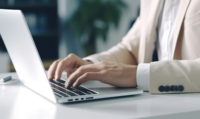 Close up portrait typing keyboard on laptop computer. Working online on white table at office