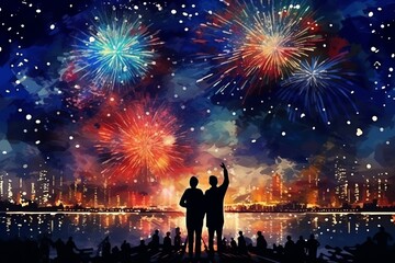 Fototapeta na wymiar Silhouettes of people celebrating new year with fireworks background