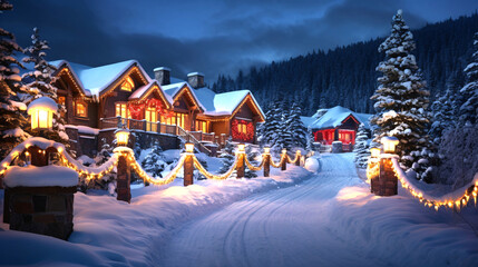 冬のライトアップ、電飾で飾り付けられた雪の町 - obrazy, fototapety, plakaty