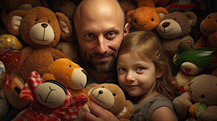 Dad with child among toys - obrazy, fototapety, plakaty