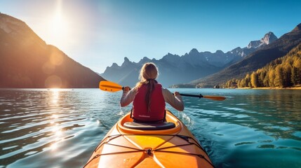 back view of woman kayaking in crystal lake near alps mountains, amazing lens flare