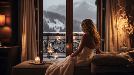 Young woman in a luxurious room with panoramic windows in an ecological hotel chalet at an Alpine ski resort overlooking the snowy landscape and mountains.