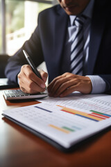 A close-up of a businessman's hands writing on a chart with a calculator and financial diagram in the background, emphasizing financial analysis and calculations.
