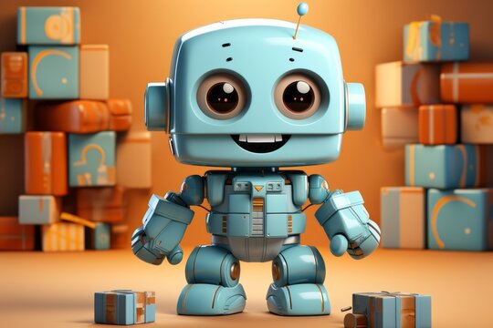 Pastel turquoise toy robot with an emphasis on early learning and development, Generative AI